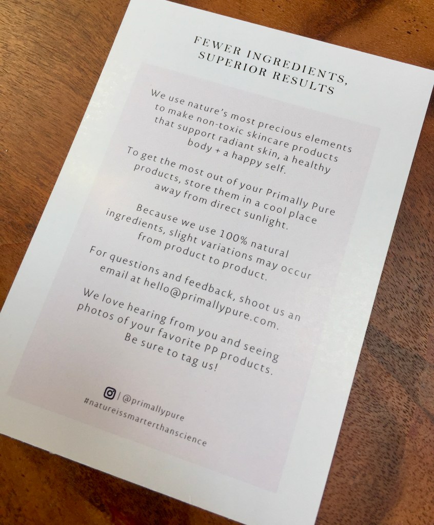 Primally Pure Deodorant Information Card